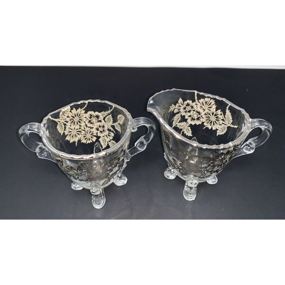 VIKING GLASS #42  Four Toed Open Sugar & Creamer SILVER CITY Springtime Overlay - Picture 5 of 10